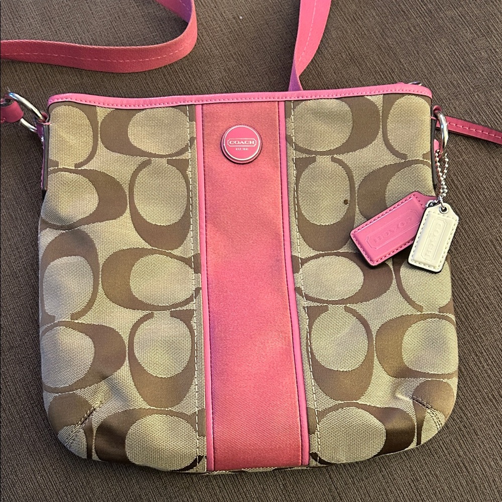 Authentic Coach Brown and Pink Signature Crossbody Bag